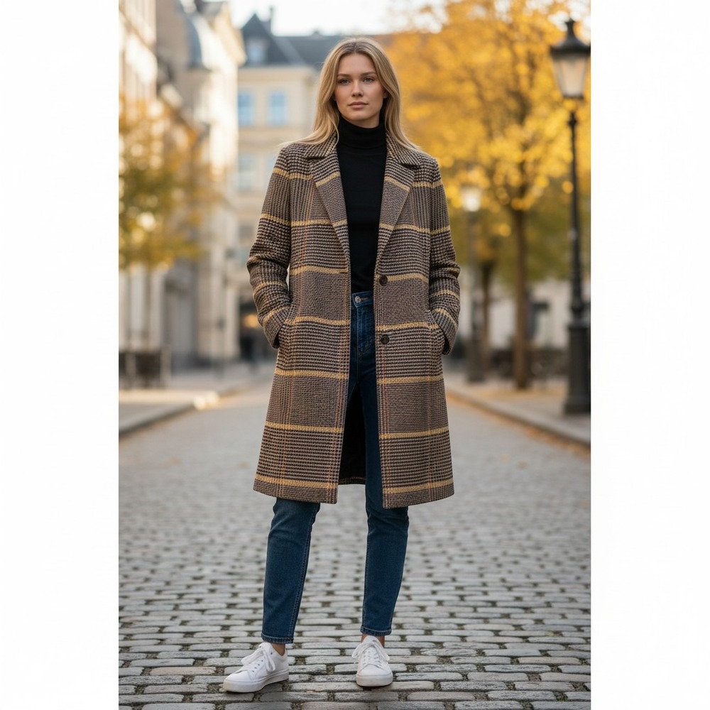 Express Plaid Overcoat Women Small Brown Yellow Water Resistant Wool Blend Coat